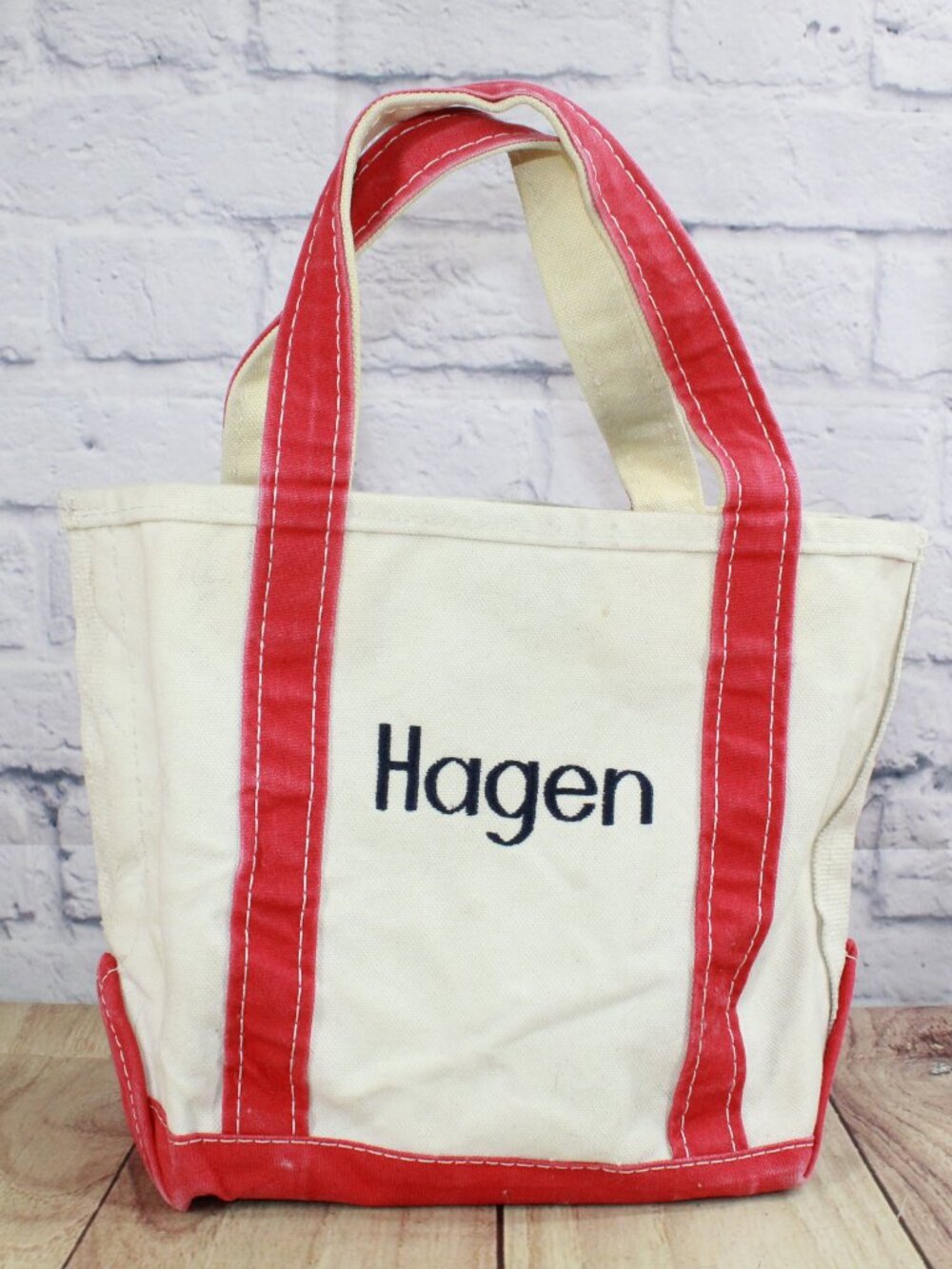 Vintage LL Bean Boat & Tote Shoulder Handbag Tote Bag Canvas Cream Red Trim USA